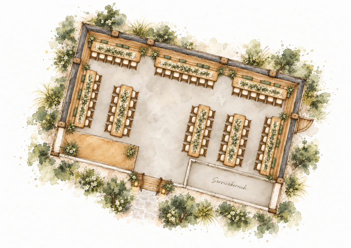 Illustrierter Lageplan des Holzstadls mit Hochzeitstafeln