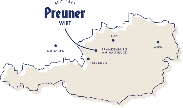 Lage des PreunerWirt in Frankenburg zwischen Salzburg, Linz und München